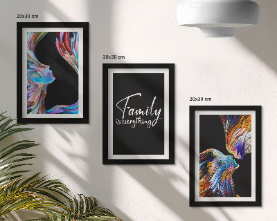 Framed triptych Portraits of people in colorful patterns and an inscription about family