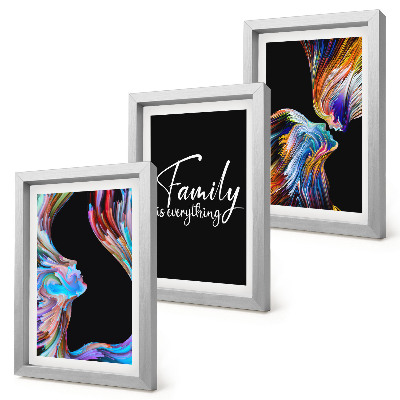 Framed triptych Portraits of people in colorful patterns and an inscription about family