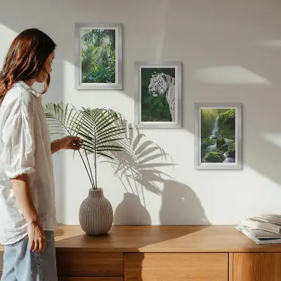 3-piece wall art set featuring a jungle landscape with a white tiger and a waterfall
