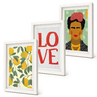 Frida Kahlo portrait with lemons and LOVE inscription framed triptych wall art