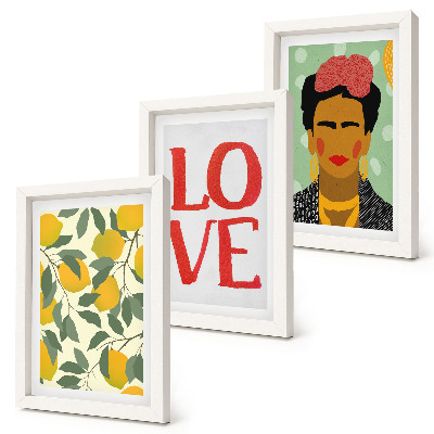 Framed triptych Lemons with the inscription LOVE painted portrait of Frida Kahlo