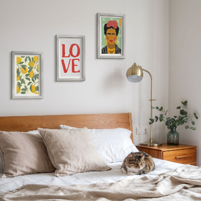 Framed triptych Lemons with the inscription LOVE painted portrait of Frida Kahlo