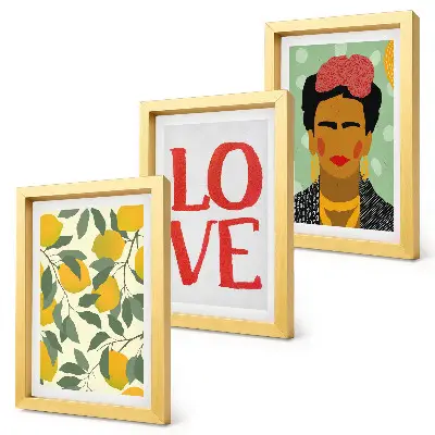 Frida Kahlo portrait with lemons and LOVE inscription framed triptych wall art