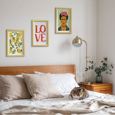 Framed triptych Lemons with the inscription LOVE painted portrait of Frida Kahlo