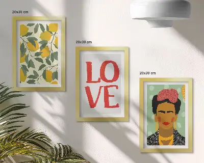 Frida Kahlo portrait with lemons and LOVE inscription framed triptych wall art