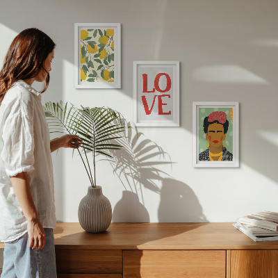 Framed triptych Lemons with the inscription LOVE painted portrait of Frida Kahlo