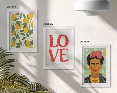 Frida Kahlo portrait with lemons and LOVE inscription framed triptych wall art
