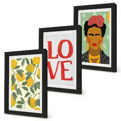 Frida Kahlo portrait with lemons and LOVE inscription framed triptych wall art