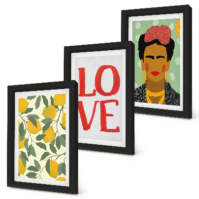 Framed triptych Lemons with the inscription LOVE painted portrait of Frida Kahlo