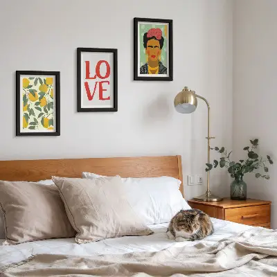 Frida Kahlo portrait with lemons and LOVE inscription framed triptych wall art