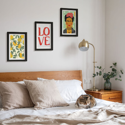 Framed triptych Lemons with the inscription LOVE painted portrait of Frida Kahlo