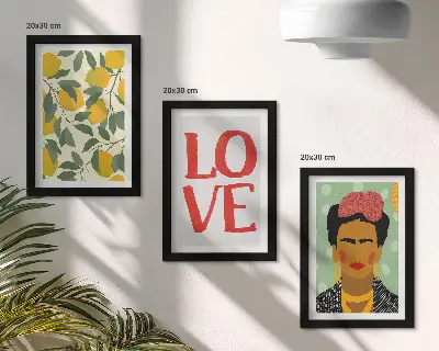 Frida Kahlo portrait with lemons and LOVE inscription framed triptych wall art