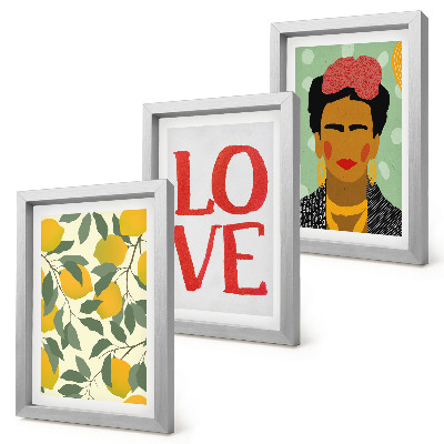 Framed triptych Lemons with the inscription LOVE painted portrait of Frida Kahlo