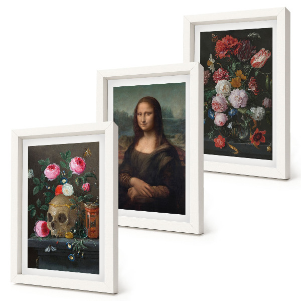 3-piece wall art set Vintage Flowers Skull and Mona Lisa Portrait by Leonardo da Vinci