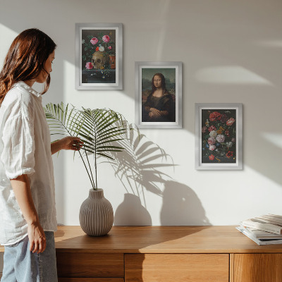 3-piece wall art set Vintage Flowers Skull and Mona Lisa Portrait by Leonardo da Vinci