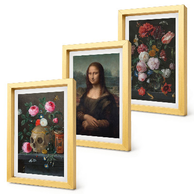 3-piece wall art set Vintage Flowers Skull and Mona Lisa Portrait by Leonardo da Vinci