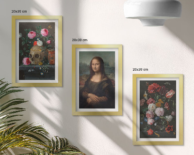3-piece wall art set Vintage Flowers Skull and Mona Lisa Portrait by Leonardo da Vinci