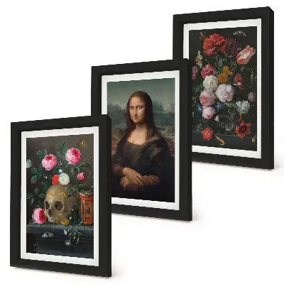 Vintage Flowers Skull and Mona Lisa Portrait Wall Art 3-piece set