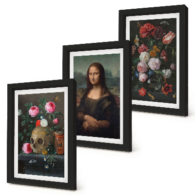 3-piece wall art set Vintage Flowers Skull and Mona Lisa Portrait by Leonardo da Vinci