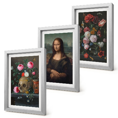 3-piece wall art set Vintage Flowers Skull and Mona Lisa Portrait by Leonardo da Vinci