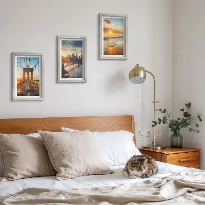 Photo frame wall with bridges and urban sunset motifs