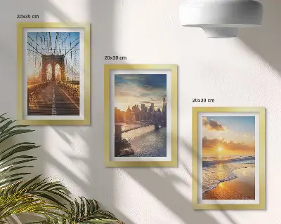 Photo frame wall with bridges and urban sunset motifs