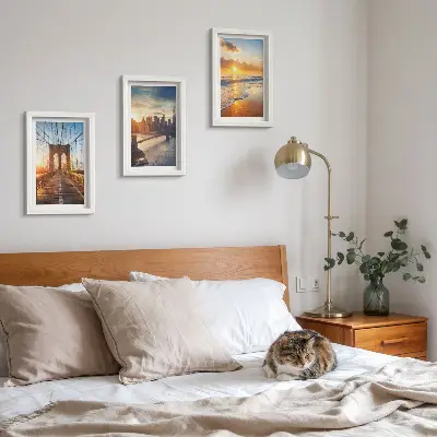 Photo frame wall with bridges and urban sunset motifs