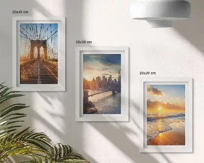 Photo frame wall with bridges and urban sunset motifs