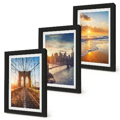 Photo frame wall with bridges and urban sunset motifs