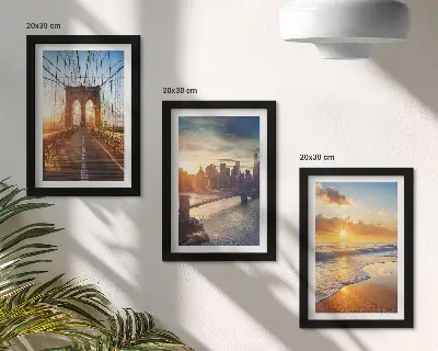 Photo frame wall with bridges and urban sunset motifs