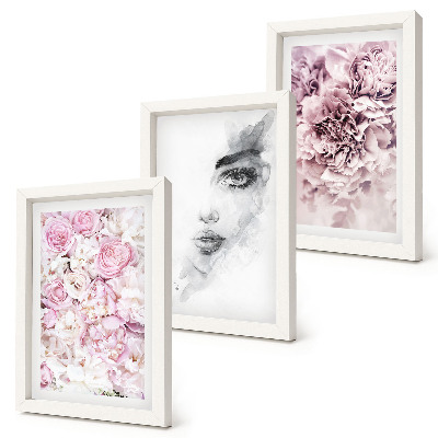 Framed triptych Delicate peonies black and white portrait of a woman