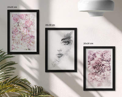 Framed triptych Delicate peonies black and white portrait of a woman