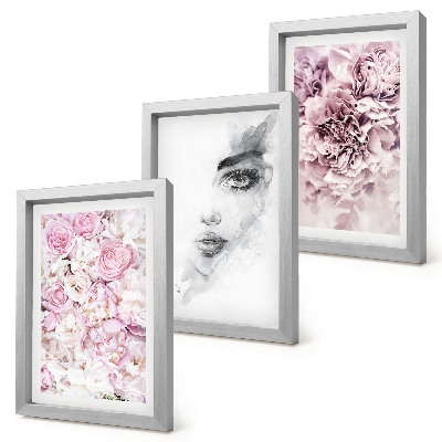 Framed triptych Delicate peonies black and white portrait of a woman