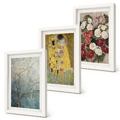 3-piece wall art set featuring flowers and trees in the painting style of The Kiss by Gustav Klimt