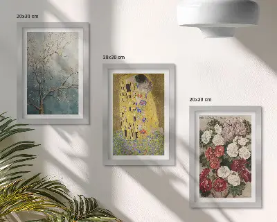 3-piece wall art set featuring flowers and trees in the painting style of The Kiss by Gustav Klimt