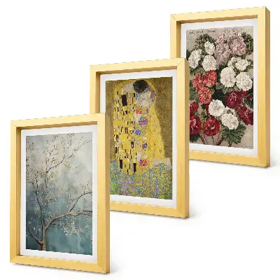 3-piece wall art set featuring flowers and trees in the painting style of The Kiss by Gustav Klimt