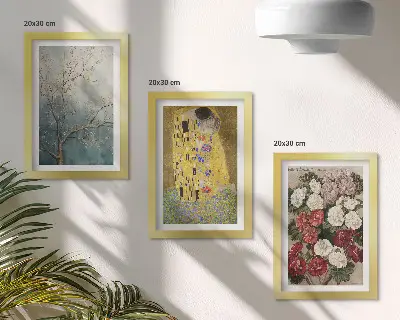 3-piece wall art set featuring flowers and trees in the painting style of The Kiss by Gustav Klimt