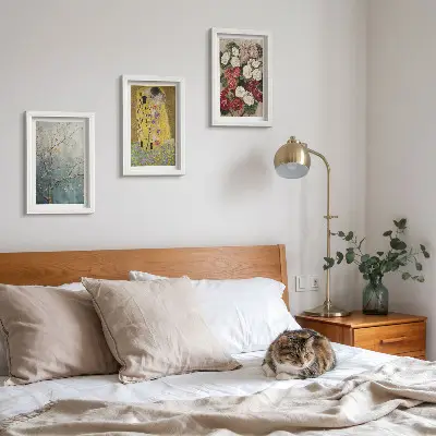 3-piece wall art set featuring flowers and trees in the painting style of The Kiss by Gustav Klimt