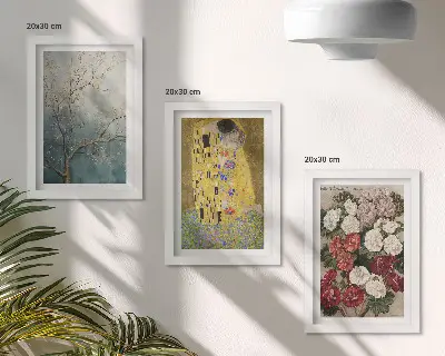 3-piece wall art set featuring flowers and trees in the painting style of The Kiss by Gustav Klimt
