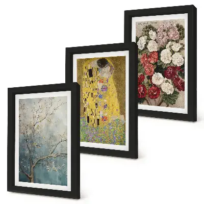 3-piece wall art set featuring flowers and trees in the painting style of The Kiss by Gustav Klimt