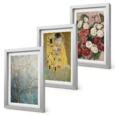 3-piece wall art set featuring flowers and trees in the painting style of The Kiss by Gustav Klimt