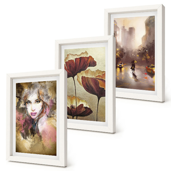 Framed triptych Abstract portrait of a woman, flowers, city in the rain