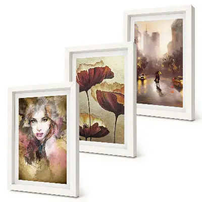Abstract portrait of a woman, flowers, and city in the rain wall art framed triptych