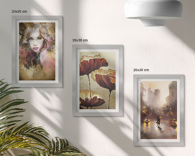 Framed triptych Abstract portrait of a woman, flowers, city in the rain
