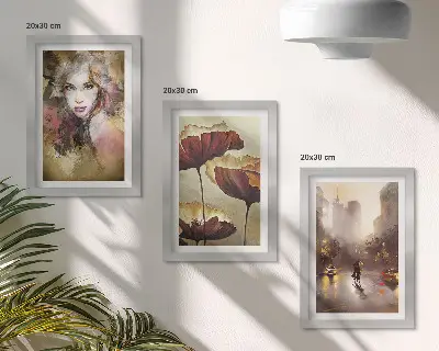 Abstract portrait of a woman, flowers, and city in the rain wall art framed triptych