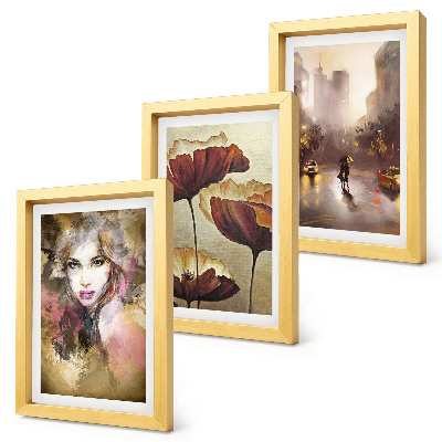 Framed triptych Abstract portrait of a woman, flowers, city in the rain