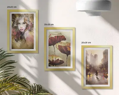 Abstract portrait of a woman, flowers, and city in the rain wall art framed triptych