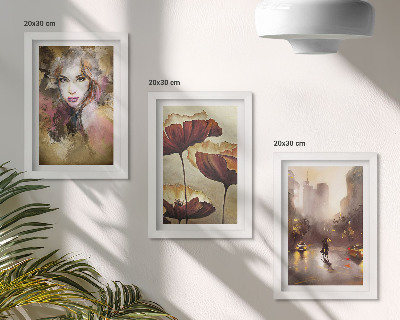 Framed triptych Abstract portrait of a woman, flowers, city in the rain