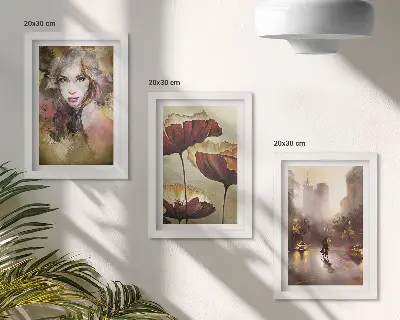 Abstract portrait of a woman, flowers, and city in the rain wall art framed triptych