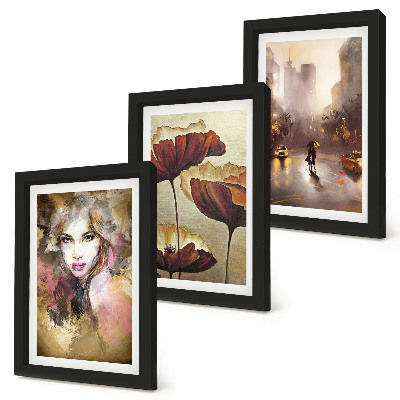 Framed triptych Abstract portrait of a woman, flowers, city in the rain
